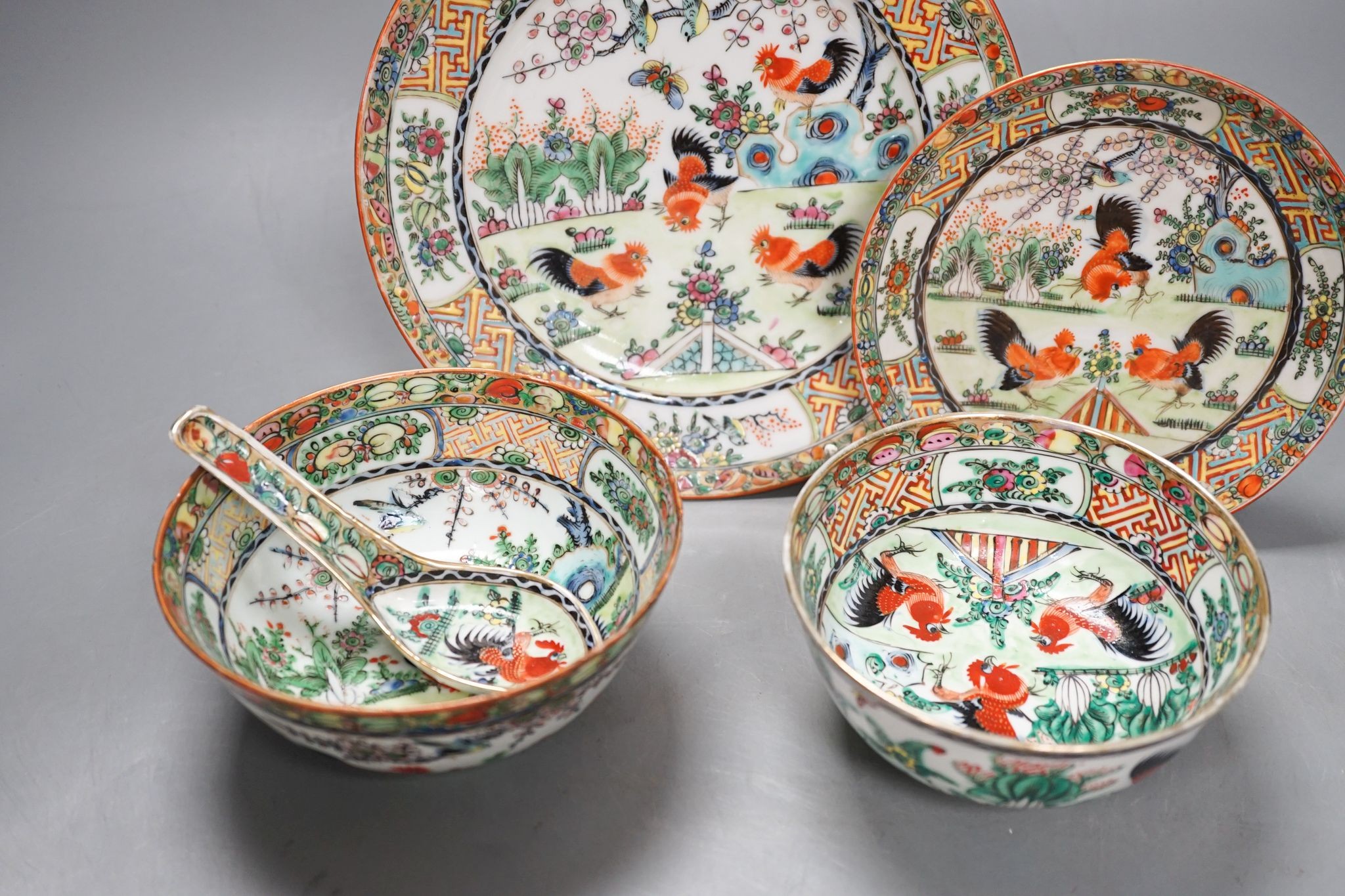 A Chinese famille rose box and cover, 9.7 cm diameter and a group of porcelain ‘chicken’ wares, Republic period